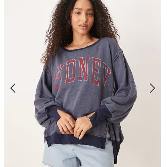 NWT XL We The Free People Graphic CAMDEN Sydney Navy Red Sweatshirt - Picture 3 of 12